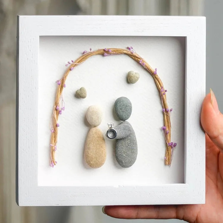 Personalized Engagement Present Pebble Art Framed Wall Hanging Art, Desktop Gifts for Couples by Dovaart.com