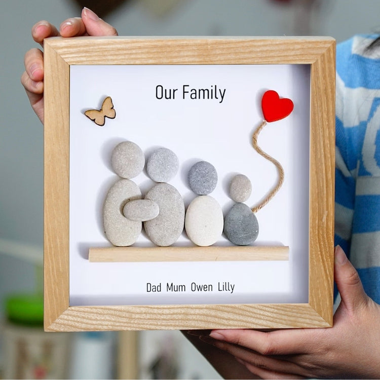 Family of four pebble deals art picture, family pebble picture, parent birthday gift, anniversary gift, family pebble picture gift, family forever