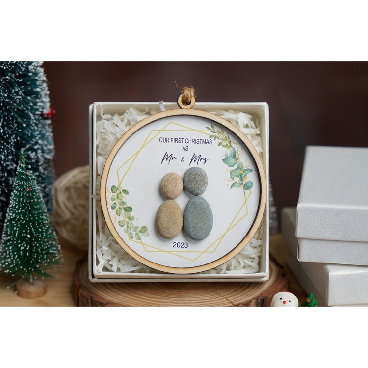 Personalized First Christmas as Mr and Mrs Ornament 2023, Newlyweds Wood Pebble Ornament 4 Inch Custom Name by Dovaart.com