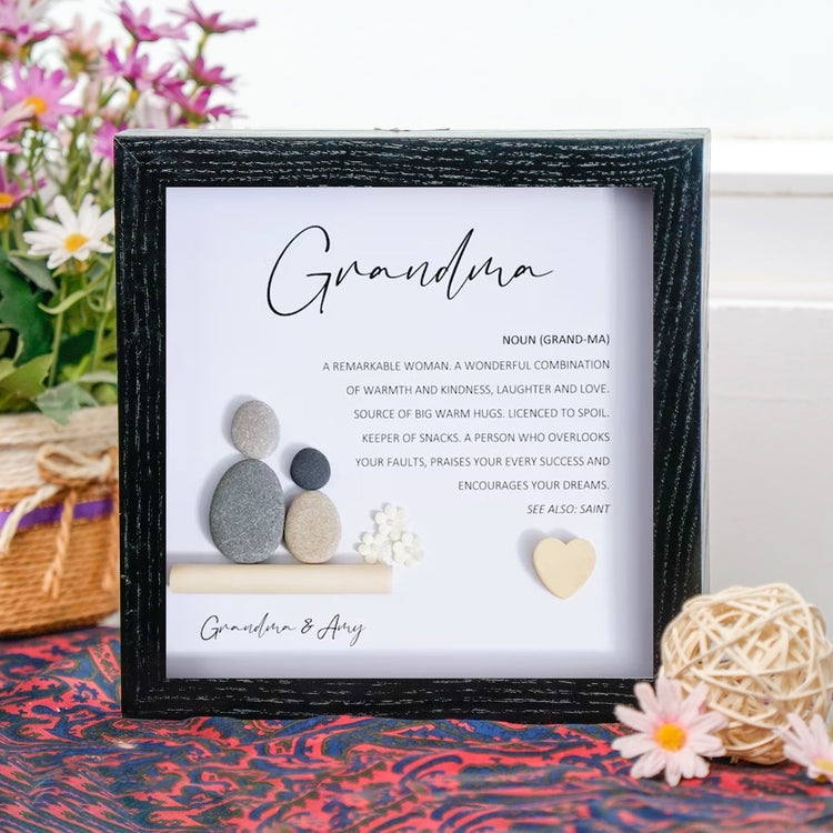 Personalized Grandma Pebble Art - 8x8 inch Frame with Stand for Desktop or Wall Hanging - Gift for Grandma by Dovaart.com