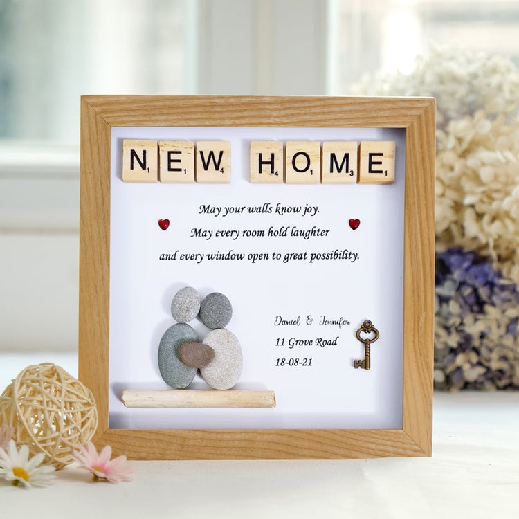 Personalized New Home Pebble Art - Gift for New Home - 8x8 inch Frame with Stand for Desktop or Wall Hanging by Dovaart.com