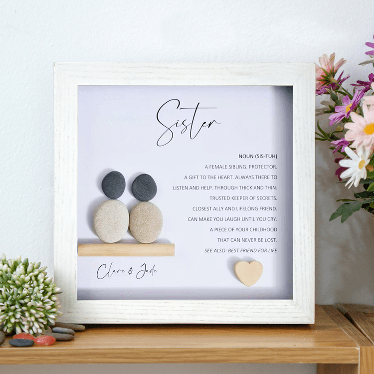 Personalized Sister Meaning Pebble Art - Birthday Gift for Sister -8x8 inch Frame with Stand for Desktop or Wall Hanging by Dovaart.com