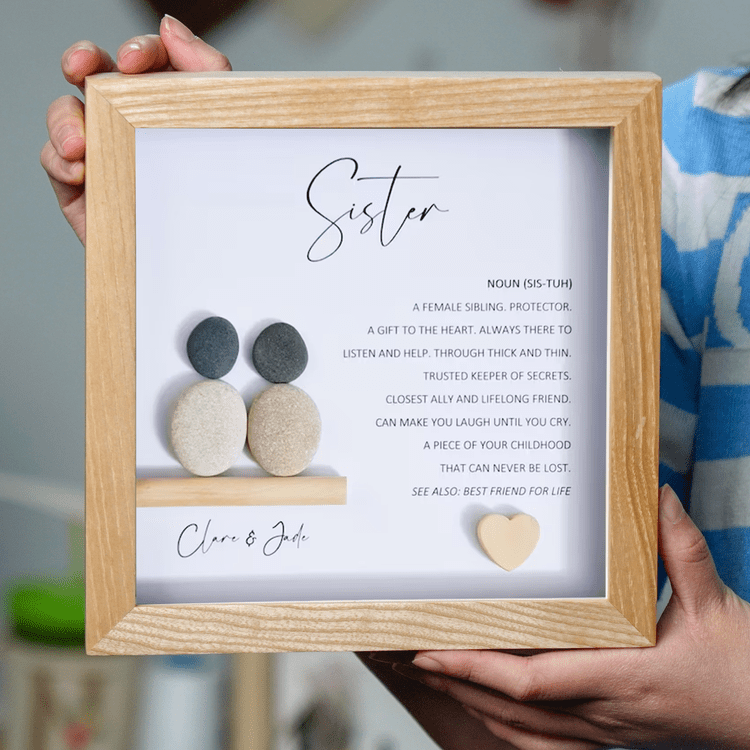 Personalized Sister Meaning Pebble Art - Birthday Gift for Sister -8x8 inch Frame with Stand for Desktop or Wall Hanging by Dovaart.com