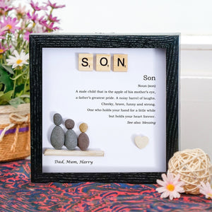 Personalized Son Pebble Art - Gift for Son -8x8 inch Frame with Stand for Desktop or Wall Hanging by Dovaart.com