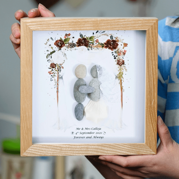 Personalized Wedding Gift Pebble Art - Gift for New Family - Wall or Tabletop Decoration with Framed Pebble Artwork - 8x8 Inches by Dovaart.com