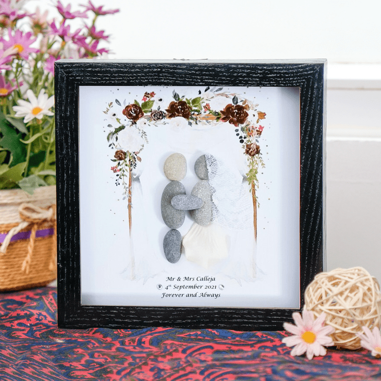 Personalized Wedding Pebble Art - Art Gift for New Family - Frame Pebble Artwork Stand on Desktop or Wall Hanging 8x8 inch by Dovaart.com