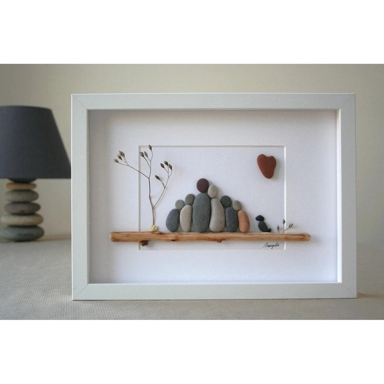 Personalized Pebble Art Family and Pets with Driftwood Frame, Handmade Custom Home Decor, Sea Glass Art For Family