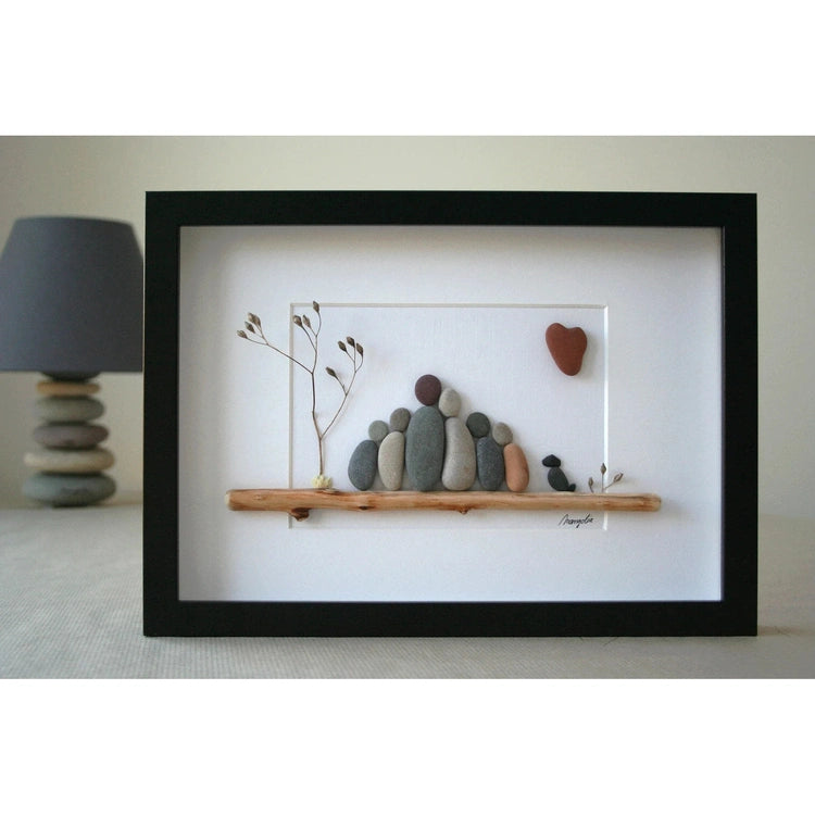 Personalized Pebble Art Family and Pets with Driftwood Frame, Handmade Custom Home Decor, Sea Glass Art For Family