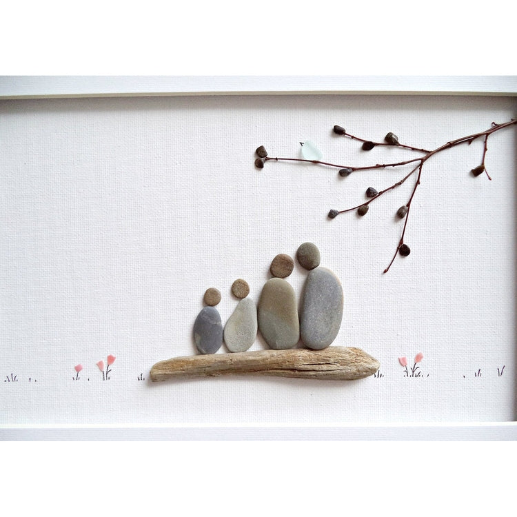 Pebble Art Family of Four with Bird, Custom Family Portrait, Handmade Custom Home Decor, Sea Glass Art For Family