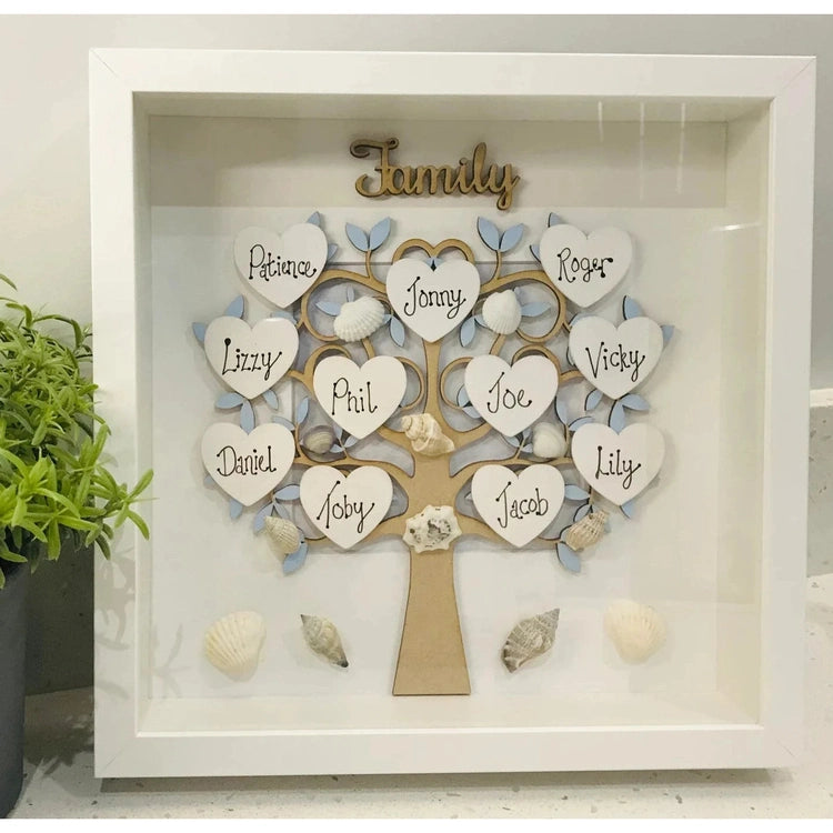 Pebble Art Family Tree Frame, Beach Themed Decor, Handmade Custom Home Decor, Sea Glass Art For Family