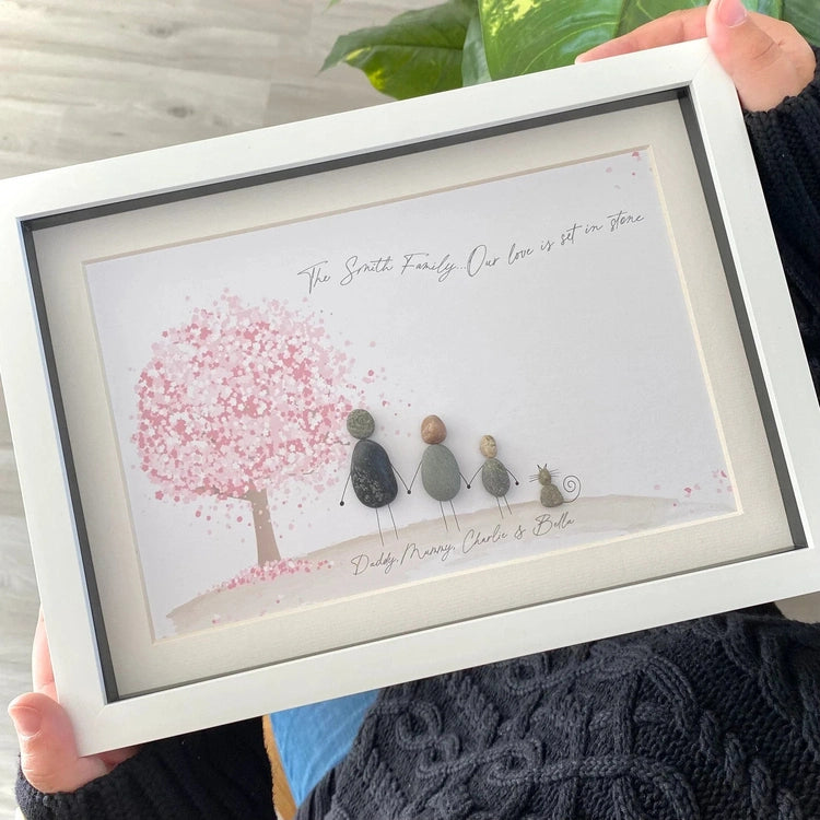 Personalized Pebble Art Family Blossom Tree with Driftwood Frame, Handmade Custom Home Decor, Sea Glass Art For Family