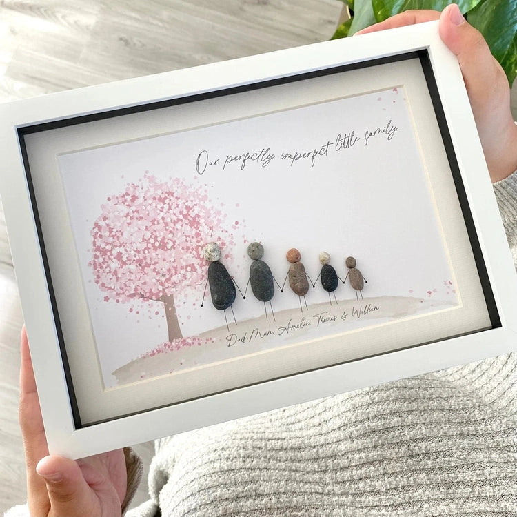 Personalized Pebble Art Family Blossom Tree with Driftwood Frame, Handmade Custom Home Decor, Sea Glass Art For Family