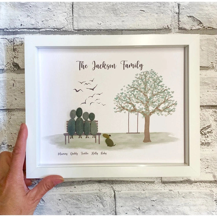 Personalized Pebble Art Family Tree with Driftwood Frame, Handmade Custom Home Decor, Sea Glass Art For Family