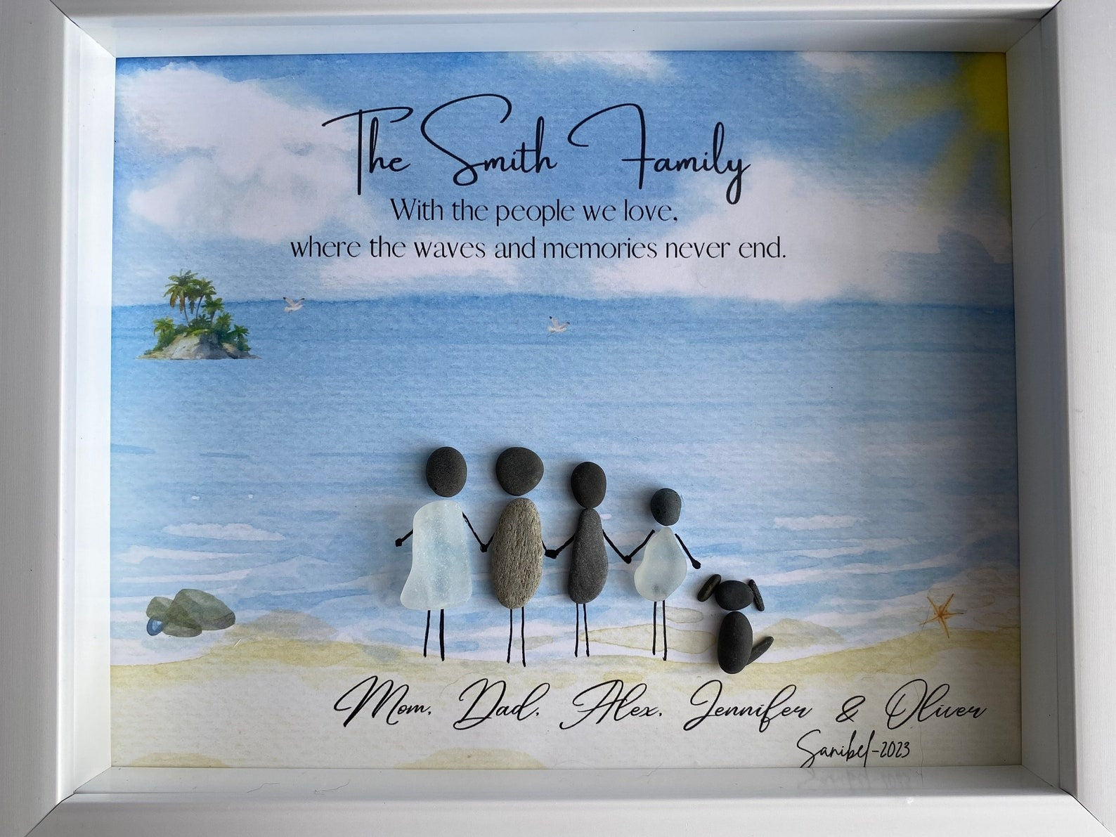 Personalized Family Vacation Beach Pebble Sea Glass Picture Family Art Sea Glass Family Pebble Art Birthday Gift for Her Gifts for Mom Birthday Gift for Dad