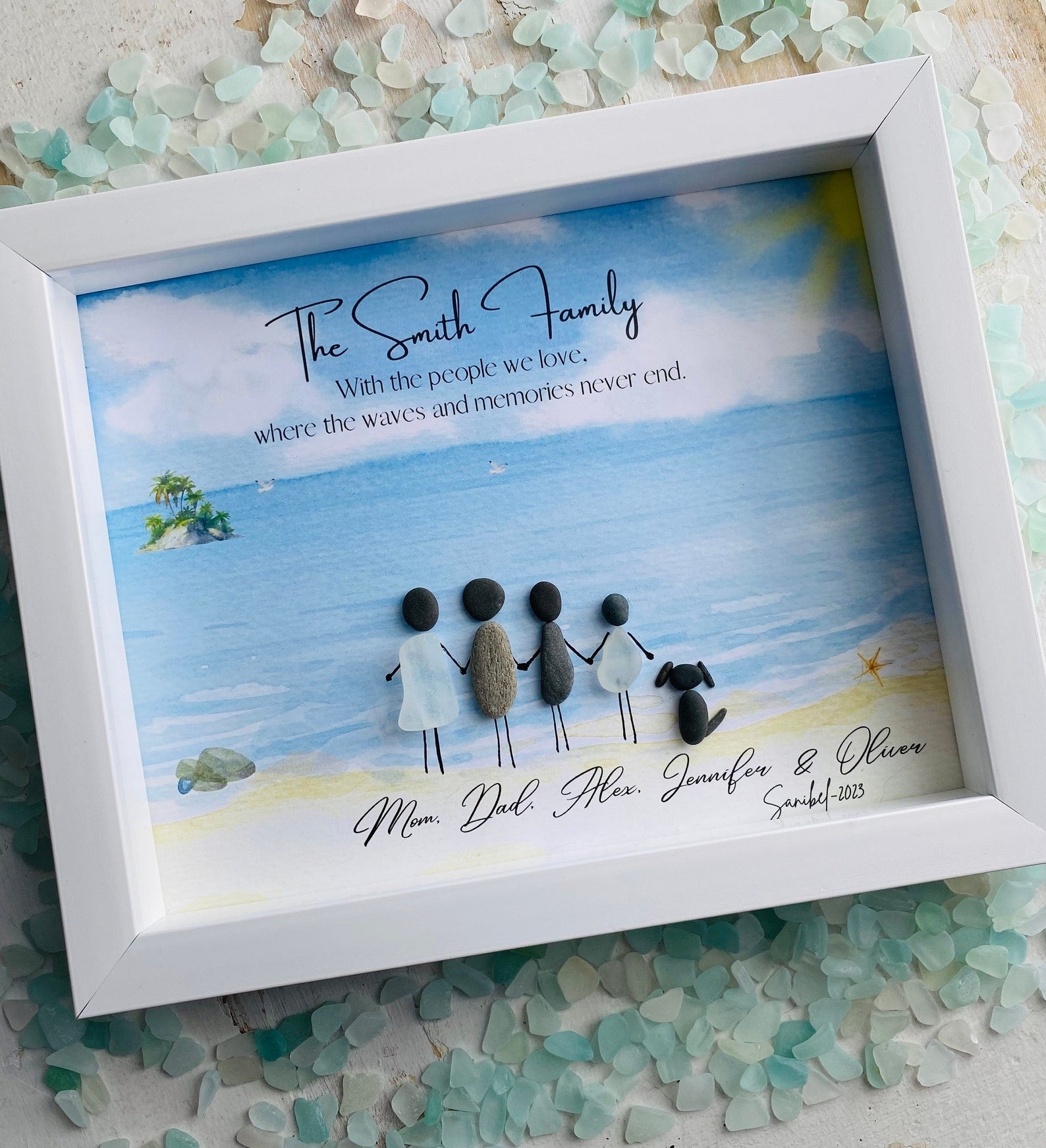 Personalized Family Vacation Beach Pebble Sea Glass Picture Family Art Sea Glass Family Pebble Art Birthday Gift for Her Gifts for Mom Birthday Gift for Dad