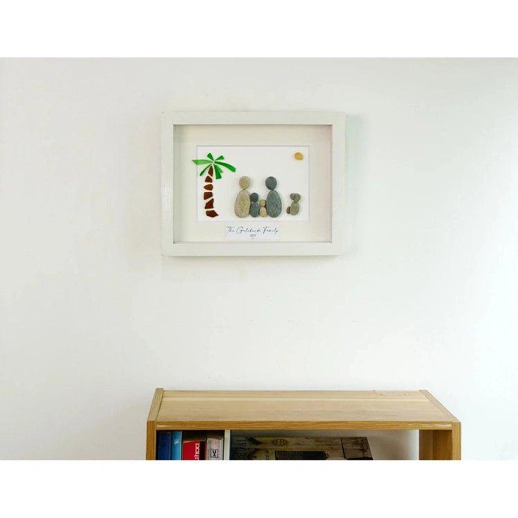 Personalized Pebble Art Family Coconut Tree with Driftwood Frame, Handmade Custom Home Decor, Sea Glass Art For Family