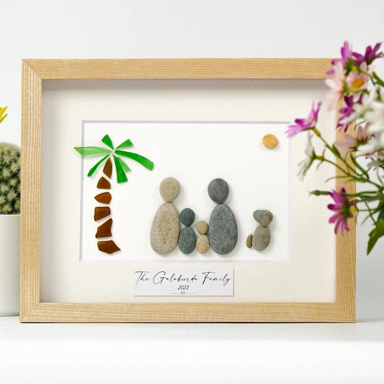 Personalized Pebble Art Family Coconut Tree with Driftwood Frame, Handmade Custom Home Decor, Sea Glass Art For Family