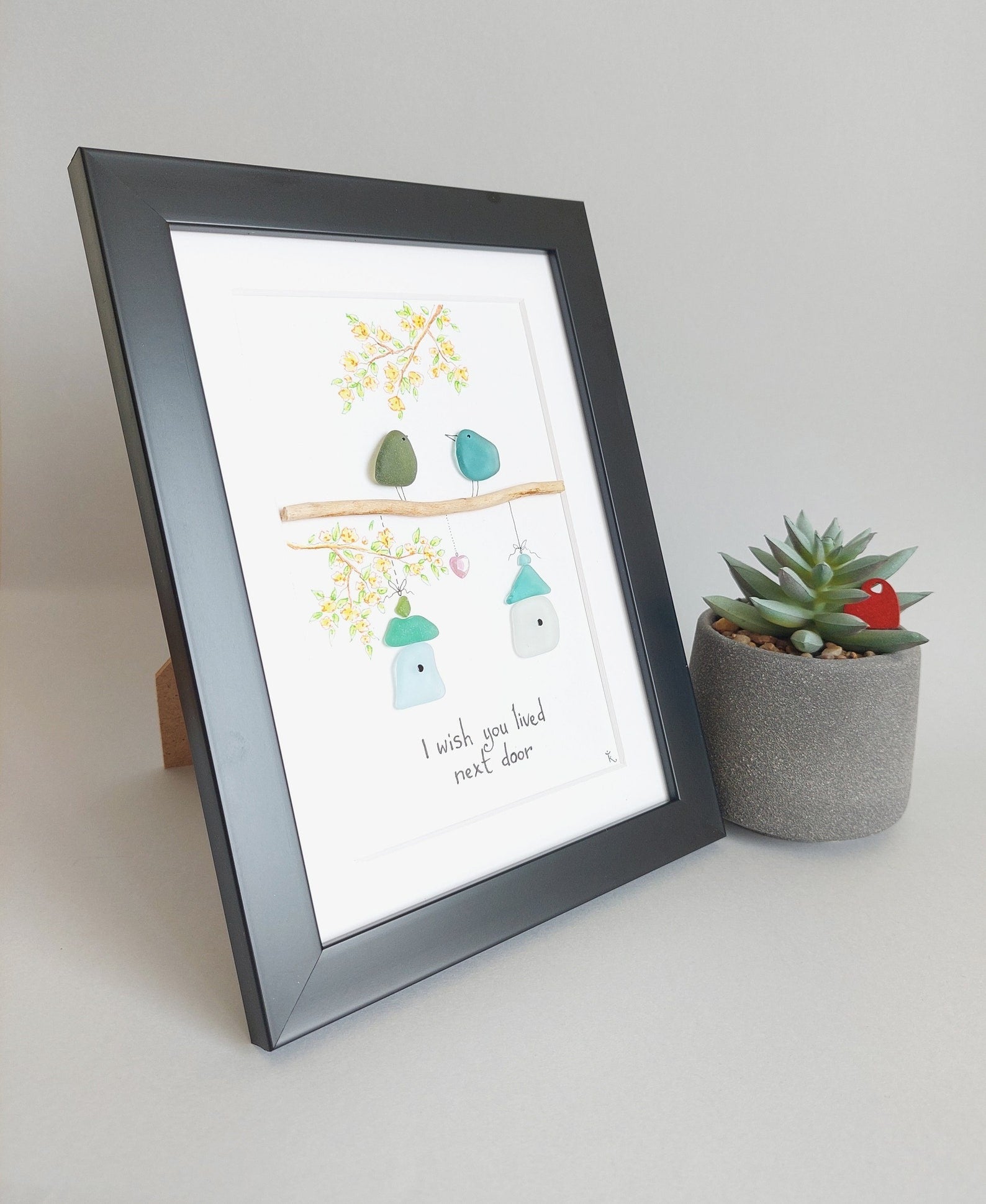 Personalised Seaglass picture 'I Wish You Lived Next Door', Seaglass Gift For Best Friend, Friendship Seaglass Art, Inspirational Sayings