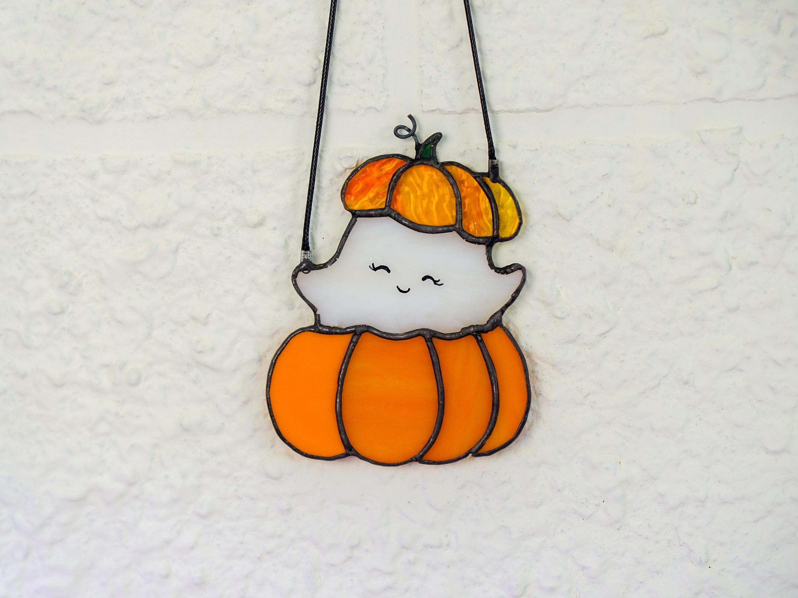 Stained Glass Ghost Pumpkin Suncatcher - Friendly Halloween Decor, Handmade Window Hanging, Spooky Season Gift, Tiffany Art Glass