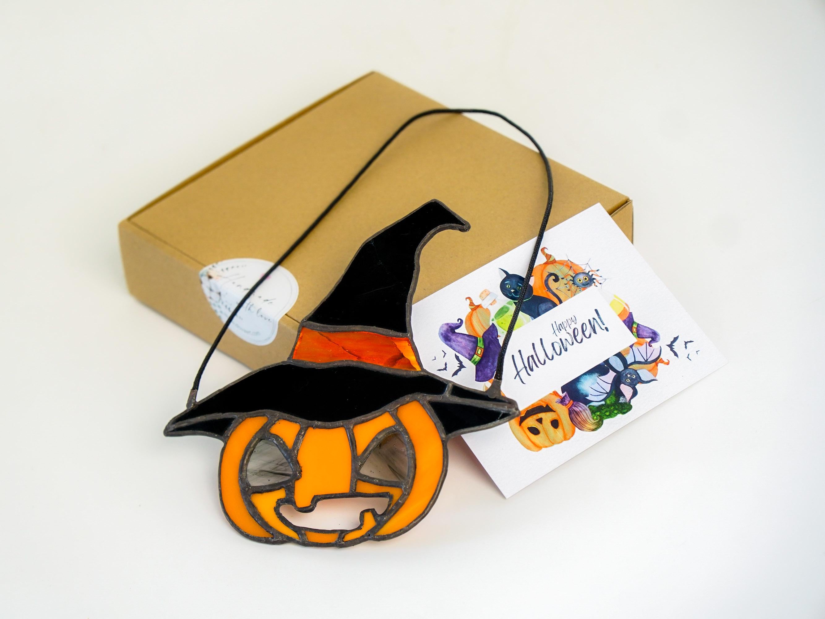 Stained Glass Pumpkin Witch Hat - Spooky Halloween Suncatcher, Gothic Decor, Unique Window Hanging, Handmade Tiffany Home Decor Gift