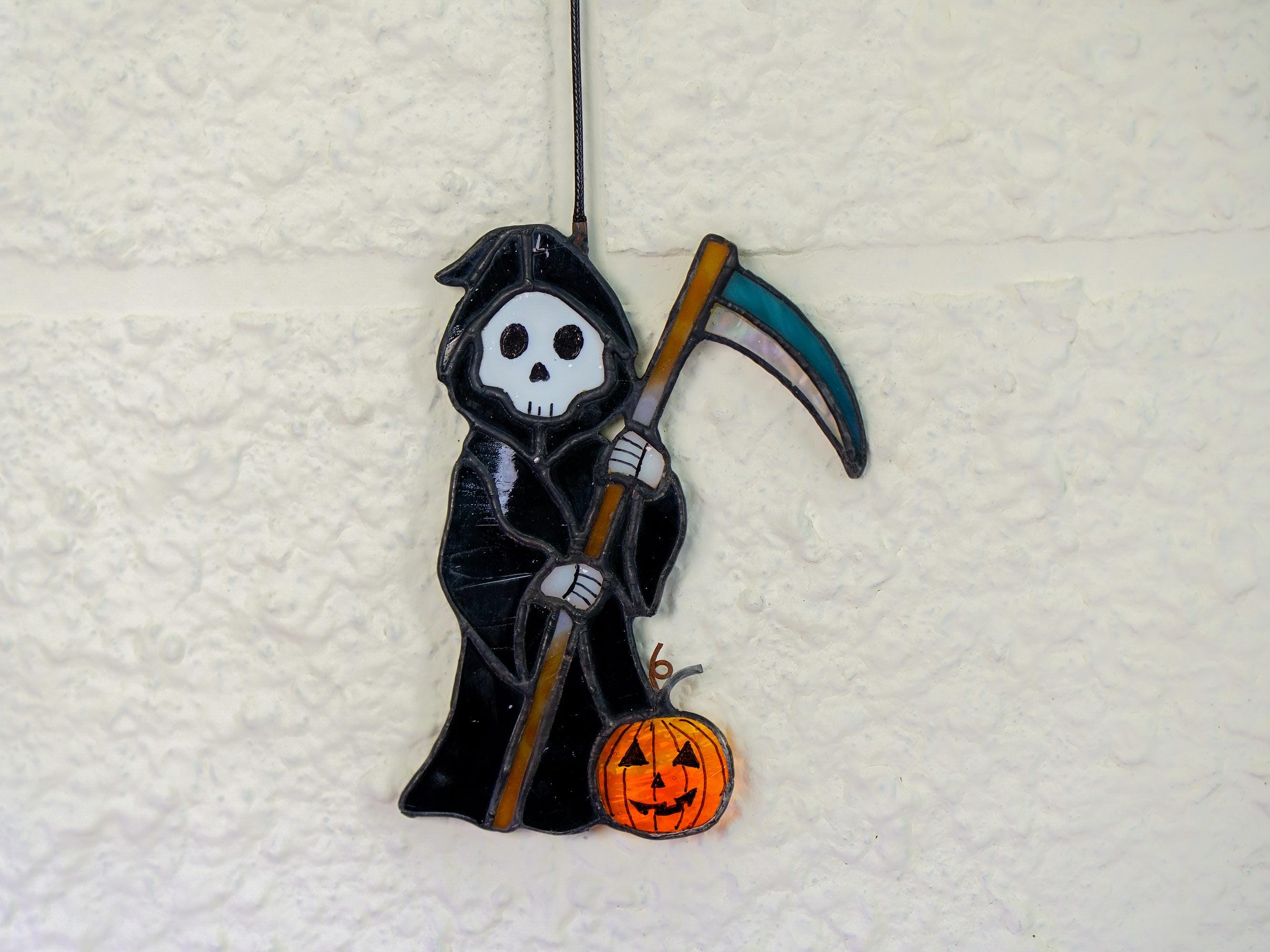 Stained Glass Grim Reaper - Spooky Halloween Pumpkin Suncatcher, Gothic Decor, Handmade Tiffany Glass Art, Unique Witchy Home Gift