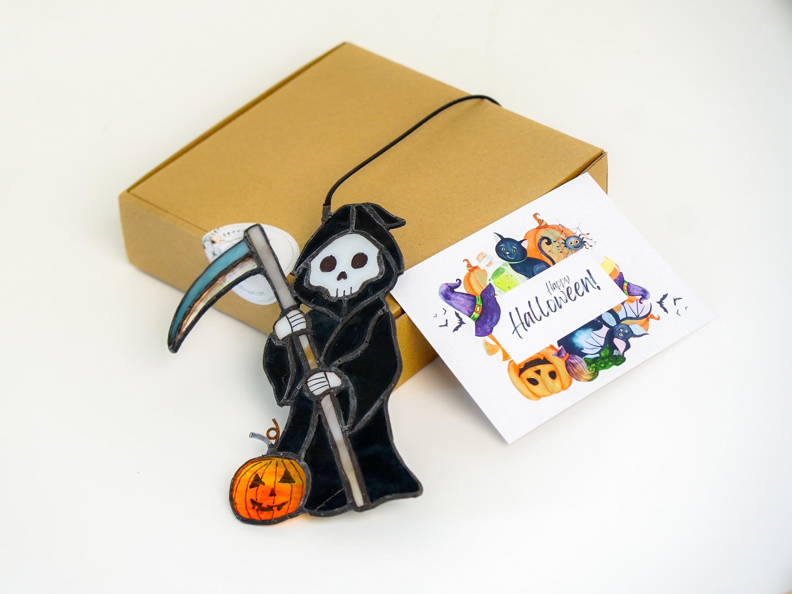 Stained Glass Grim Reaper - Spooky Halloween Pumpkin Suncatcher, Gothic Decor, Handmade Tiffany Glass Art, Unique Witchy Home Gift