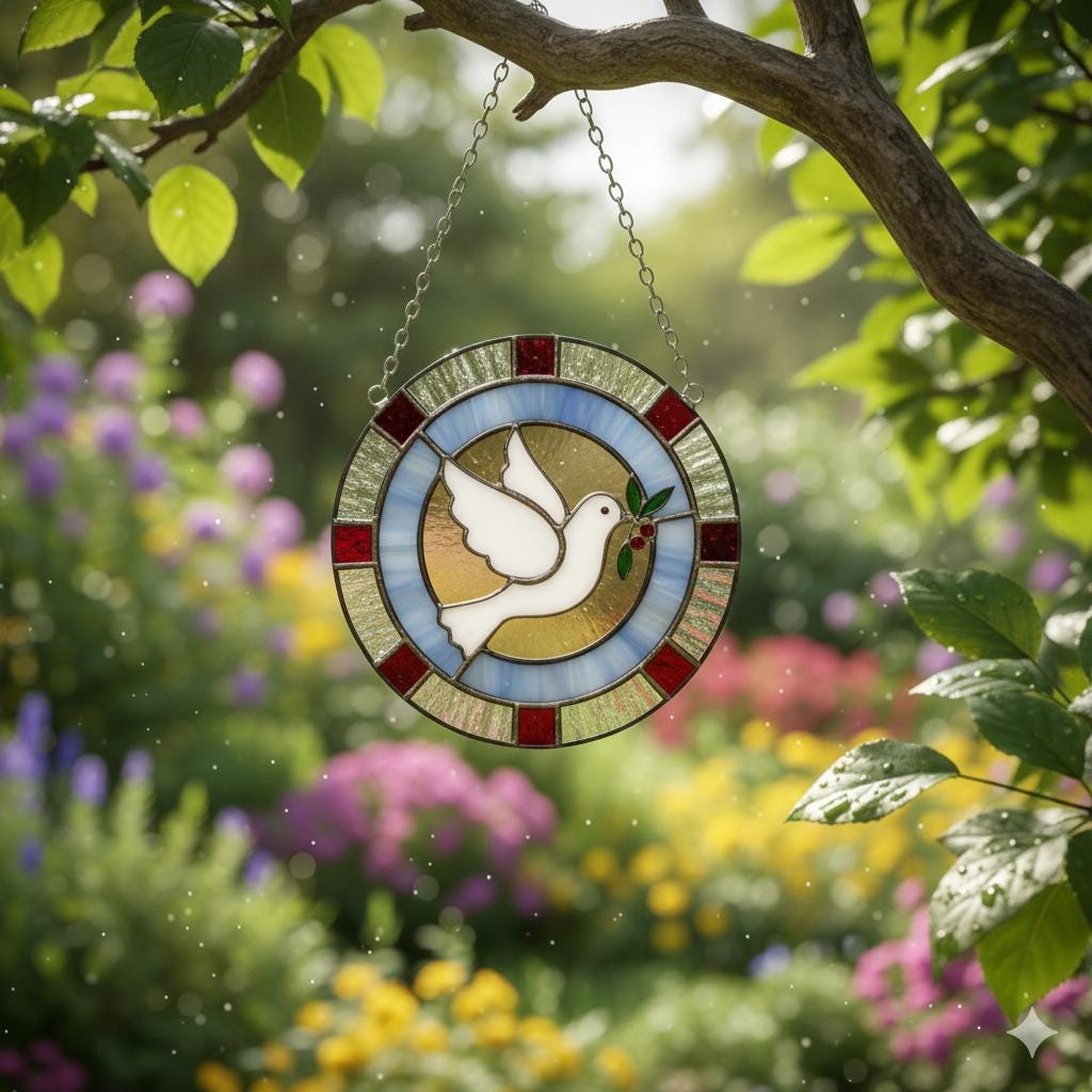 Stained Glass Peace Dove - Hopeful Window Suncatcher, Christmas Ornament, Holiday Decor, Olive Branch Symbol, Faux Stained Glass