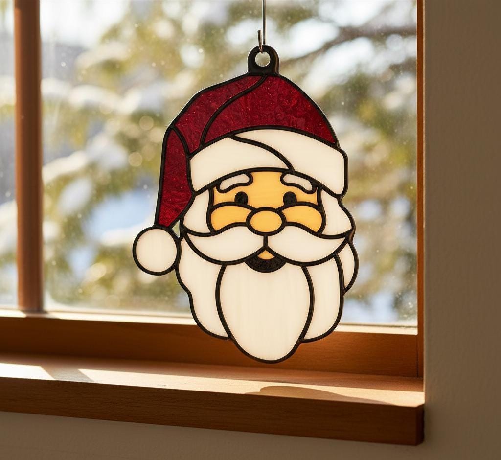 Stained Glass Santa Ornament - Handmade Artisan Christmas Suncatcher, Festive Holiday Decor, Unique Leaded Glass Art, Christmas Gift.