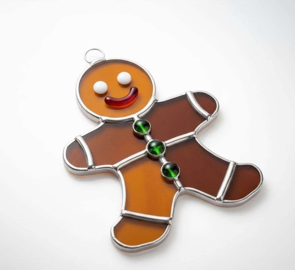 Stained Glass Gingerbread Man - Christmas Ornament, Holiday Decor, Window Suncatcher, Handcrafted, Glass Art, Unique Gift