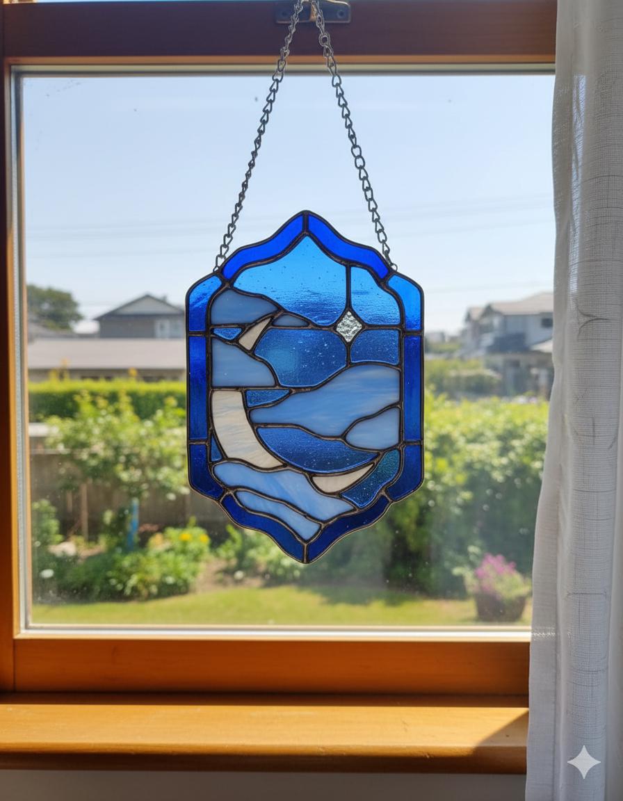 Blue Celestial Stained Glass Moon Suncatcher - Handmade Crescent Moon & Clouds Window Hanging, Boho Decor Gift