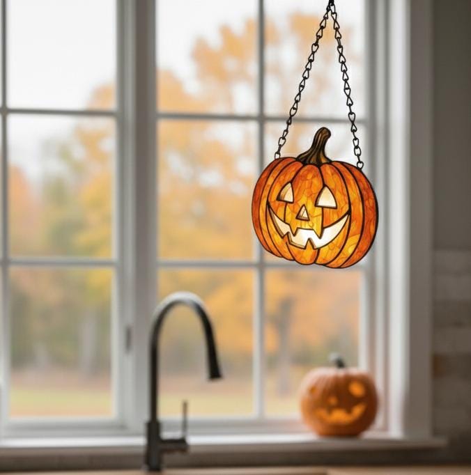 Smiling Pumpkin Stained Glass Art | Unique Halloween Suncatcher Window Hanging | Autumn Outdoor Garden Decor | Seasonal Fall Gift for Home