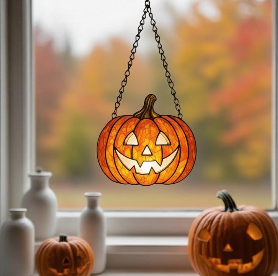 Smiling Pumpkin Stained Glass Art | Unique Halloween Suncatcher Window Hanging | Autumn Outdoor Garden Decor | Seasonal Fall Gift for Home