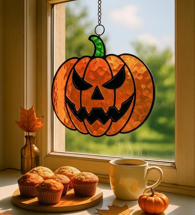 Stained Glass Spooky Scary Pumpkin Suncatcher | Scary Halloween Window Hanging | Spooky Pumpkin Decor | Unique Fall Home Gift