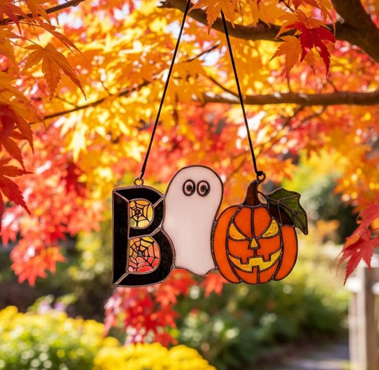 Halloween Stained Glass Decor, BOO Stained Glass Suncatcher, Ghost and Pumpkin Sun Catcher, Spooky Window Art Gift
