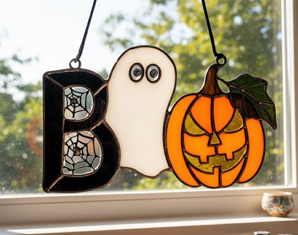 Halloween Stained Glass Decor, BOO Stained Glass Suncatcher, Ghost and Pumpkin Sun Catcher, Spooky Window Art Gift