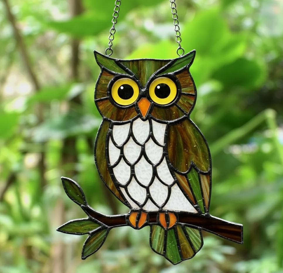Stained Glass Owl Suncatcher, Owl Lover Gift, Window Hanging Decor, Handcrafted Glass Art, Unique Home Decor, Garden Decor, Window Art