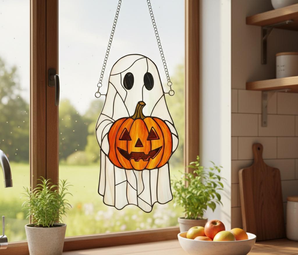 Stained Glass Ghost Holding Pumpkin, Halloween Sun Catcher, Spooky Decor, Halloween Window Hanging, Ghost Lover Gift, Housewarming Gift