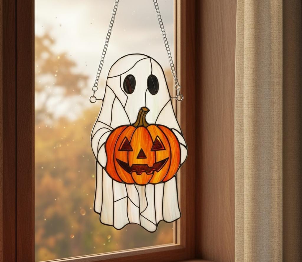 Stained Glass Ghost Holding Pumpkin, Halloween Sun Catcher, Spooky Decor, Halloween Window Hanging, Ghost Lover Gift, Housewarming Gift