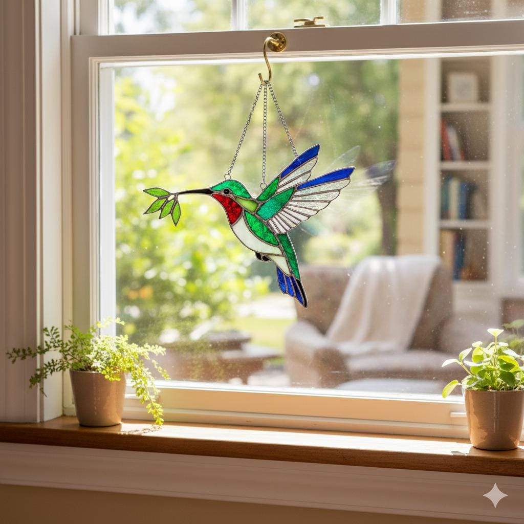 Stained Glass Hummingbird Suncatcher - Ruby-Throated Bird Decor, Window Art, Nature Lover Gift, Everlasting Beauty, Colorful Home Accent