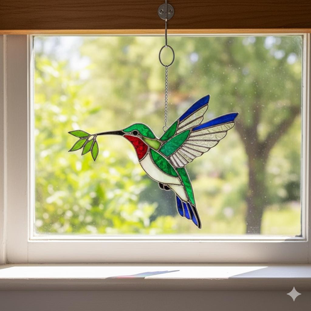 Stained Glass Hummingbird Suncatcher - Ruby-Throated Bird Decor, Window Art, Nature Lover Gift, Everlasting Beauty, Colorful Home Accent