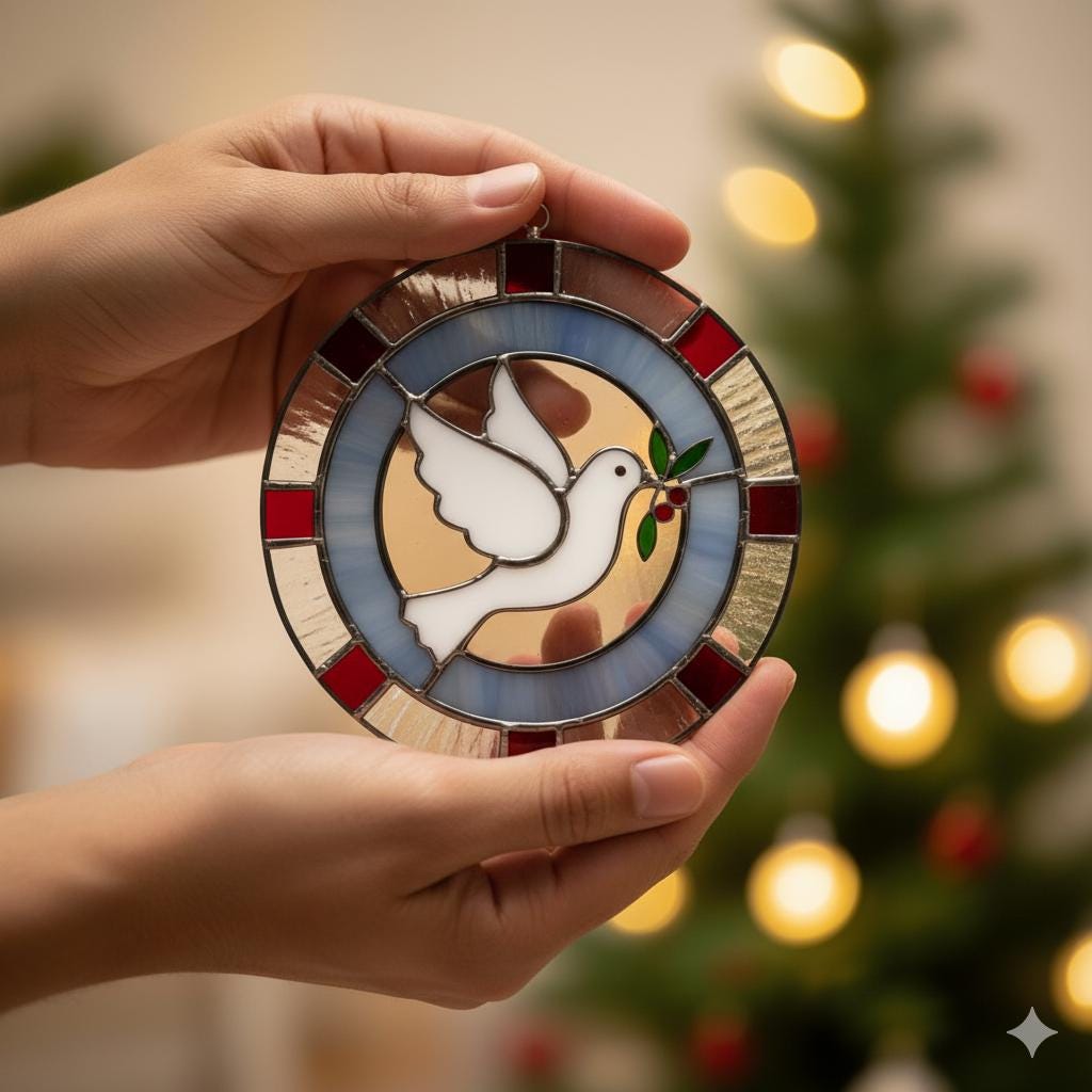 Stained Glass Peace Dove - Hopeful Window Suncatcher, Christmas Ornament, Holiday Decor, Olive Branch Symbol, Faux Stained Glass