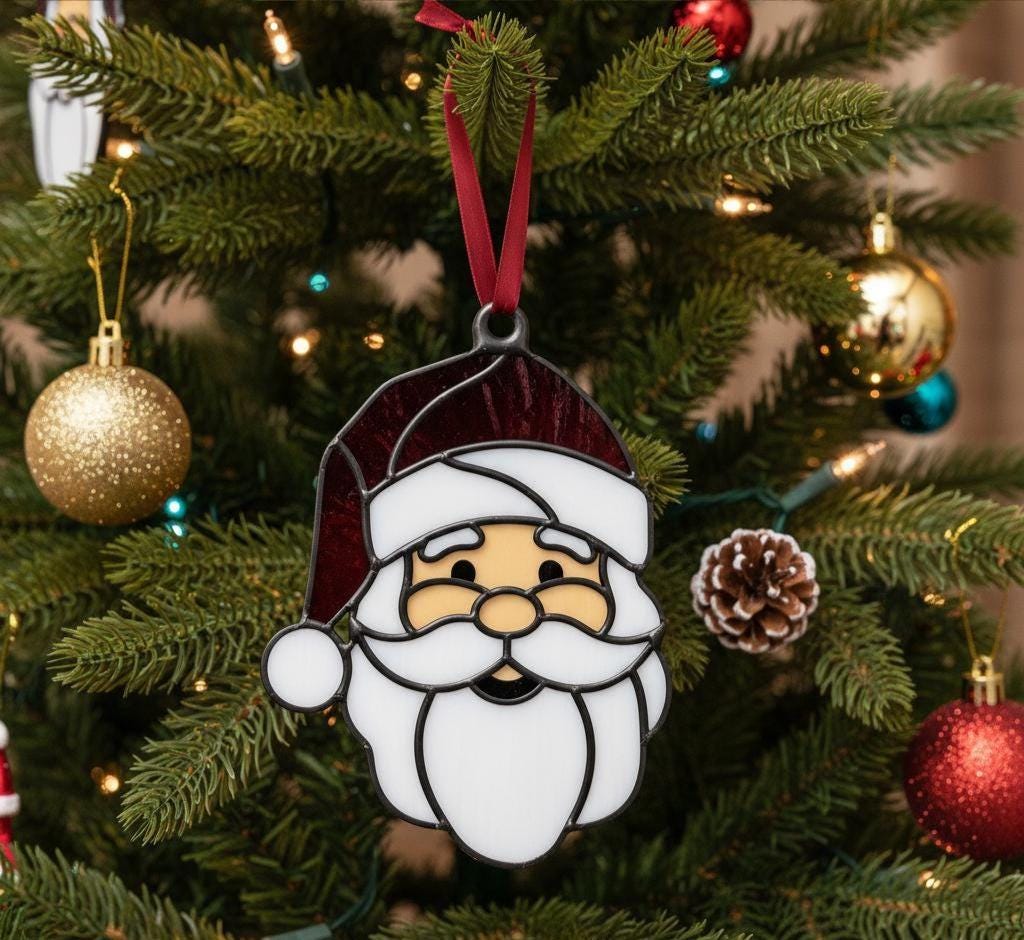 Stained Glass Santa Ornament - Handmade Artisan Christmas Suncatcher, Festive Holiday Decor, Unique Leaded Glass Art, Christmas Gift.
