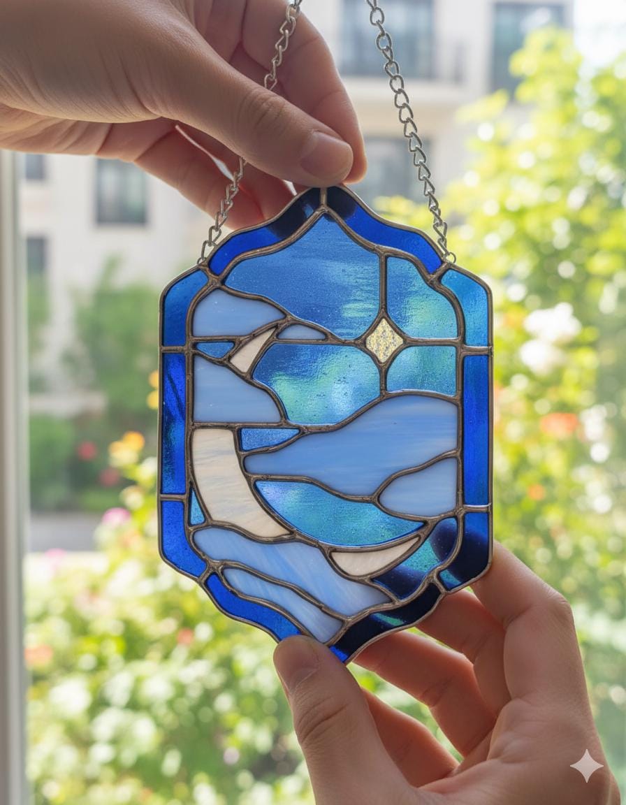 Blue Celestial Stained Glass Moon Suncatcher - Handmade Crescent Moon & Clouds Window Hanging, Boho Decor Gift