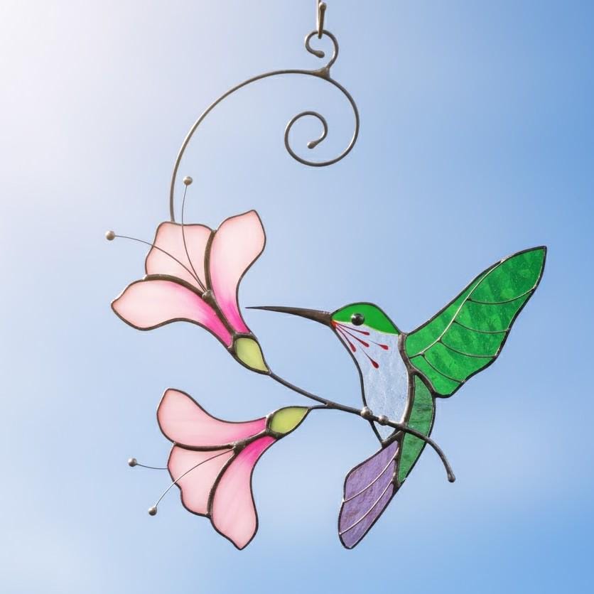 Stained Glass Hummingbird Suncatcher, Handmade Window Hanging with Pink Flowers, Garden Decor Gift for Bird Lovers