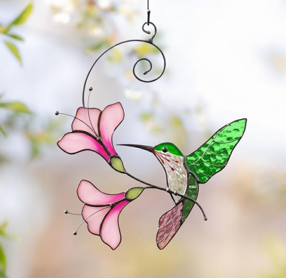 Stained Glass Hummingbird Suncatcher, Handmade Window Hanging with Pink Flowers, Garden Decor Gift for Bird Lovers