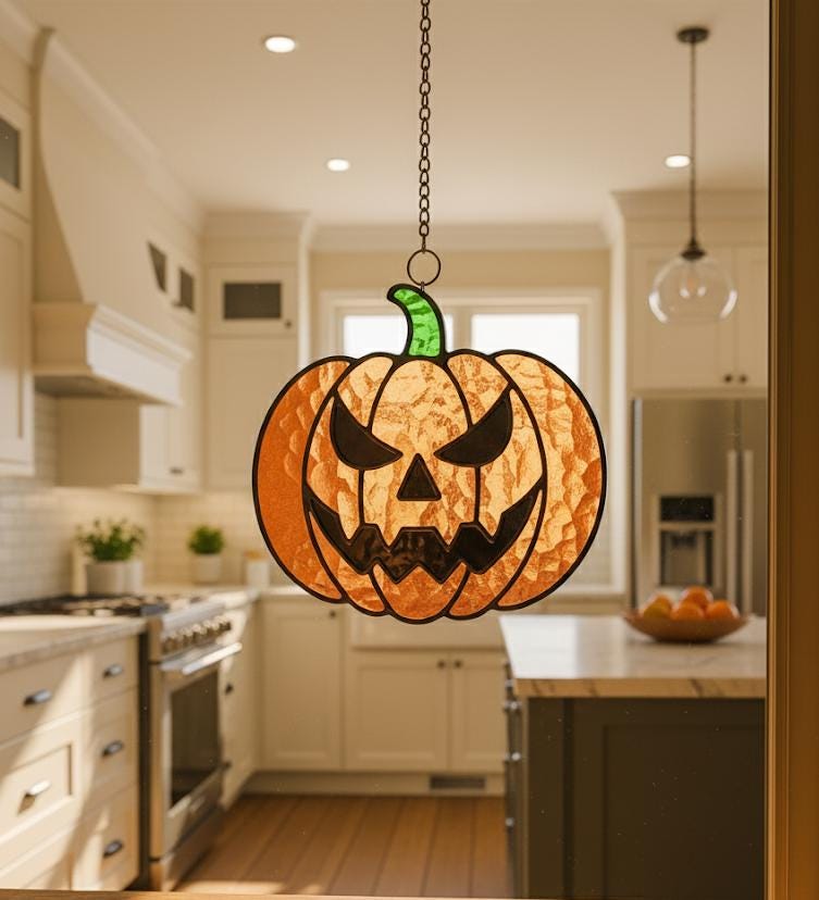 Stained Glass Spooky Scary Pumpkin Suncatcher | Scary Halloween Window Hanging | Spooky Pumpkin Decor | Unique Fall Home Gift