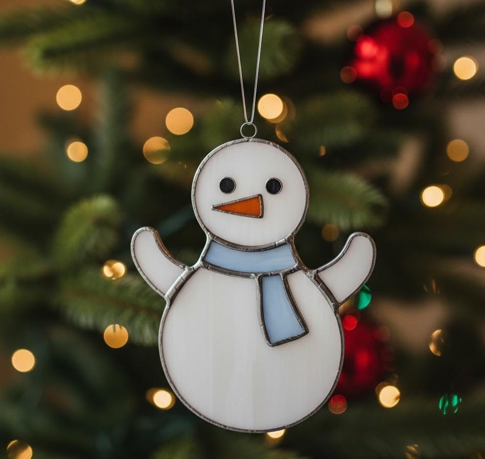Stained Glass Handmade Snowman, Christmas Tree Ornament, Holiday Suncatcher, Cute Winter Decor, Custom Gift