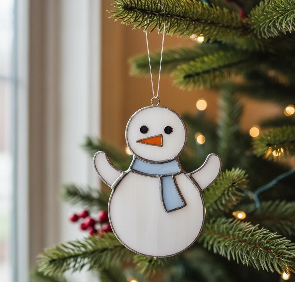 Stained Glass Handmade Snowman, Christmas Tree Ornament, Holiday Suncatcher, Cute Winter Decor, Custom Gift